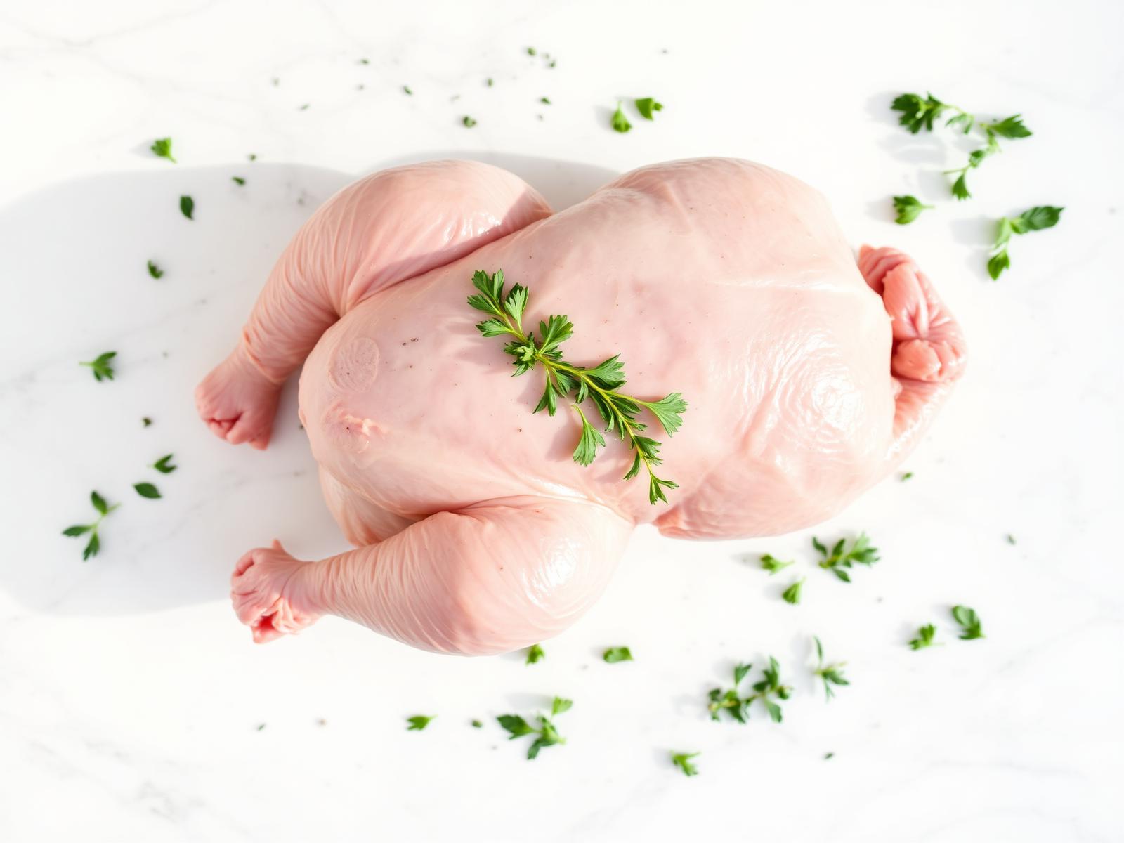 Fresh dressed chicken on a marble surface with herbs